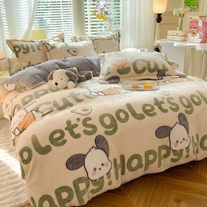 91家纺网 家纺一手货源 找家纺 妖妖家纺 2024新款加厚雪花绒印花单品三件套四件套 可爱俏耳狗