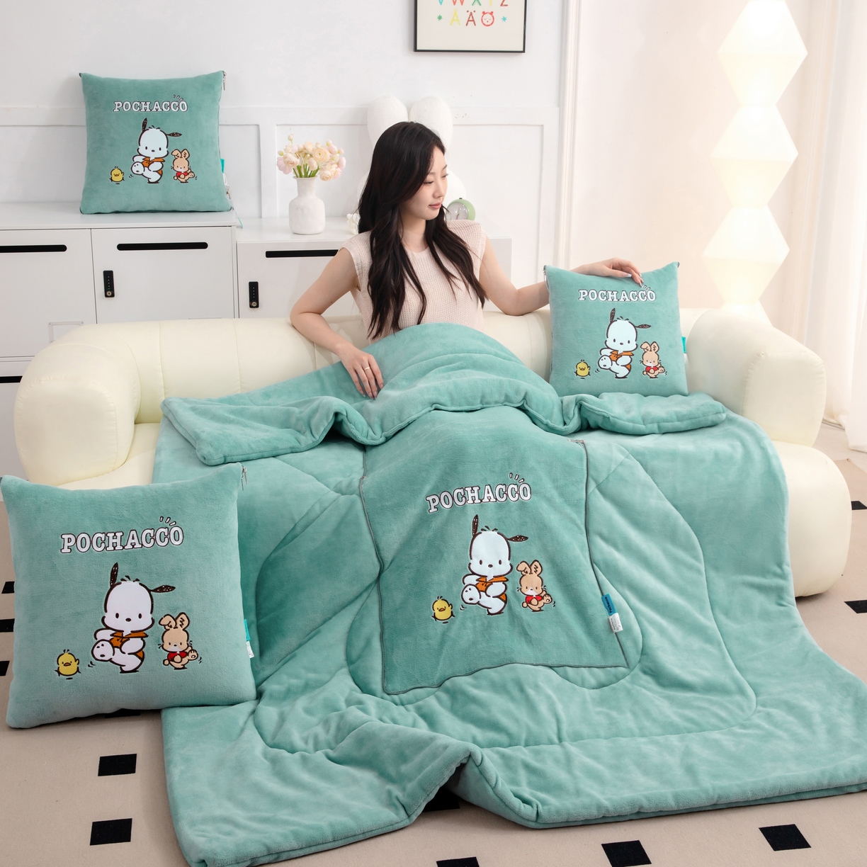 91家纺网 家纺一手货源 找家纺 2024新款三丽欧牛奶绒抱枕被 帕恰狗-绿