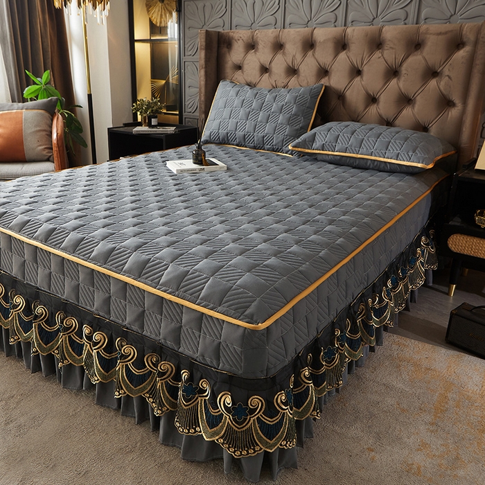 91家纺网 家纺一手货源 找家纺 锦逸家居 2024新款加厚磨毛轻奢夹棉床裙床笠三件套系列 佳人-高级灰