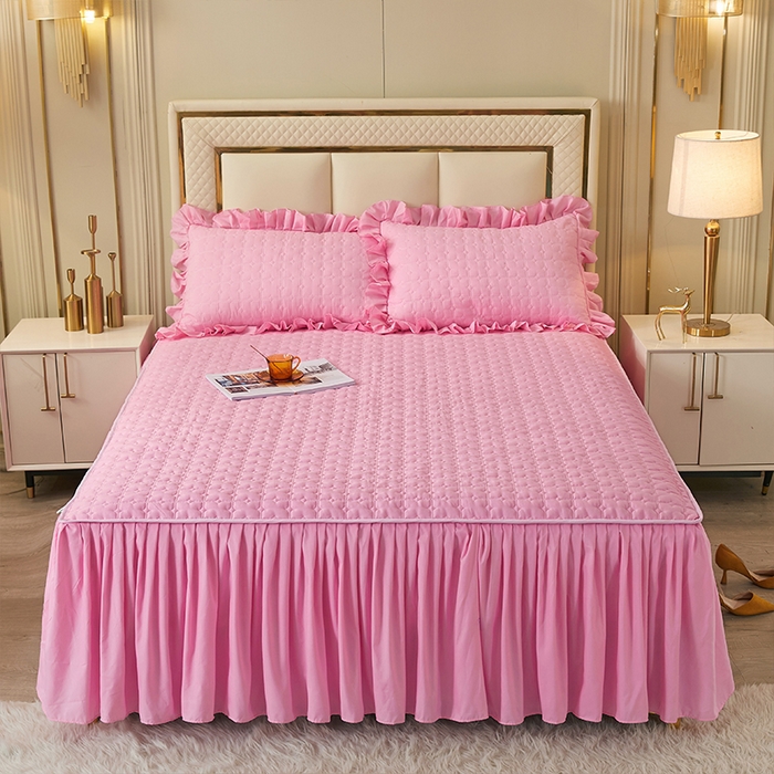 91家纺网 家纺一手货源 找家纺 锦逸家居 2024新款可拆卸包边夹棉磨毛花边两用床裙床笠两用-优雅 优雅-樱花粉