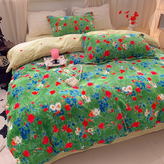 91家纺网 家纺一手货源 找家纺 莱豫家纺 2024新款牛奶绒印花四件套 绿野仙踪绿