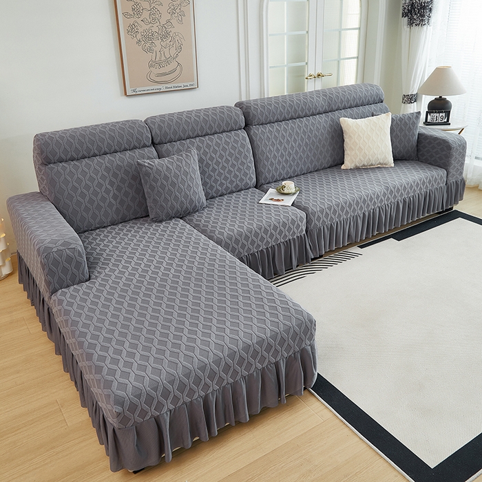 91家纺网 家纺一手货源 找家纺 2024新款加厚高弹拉花绒全包防尘沙发套罩-菱形格系列 深灰