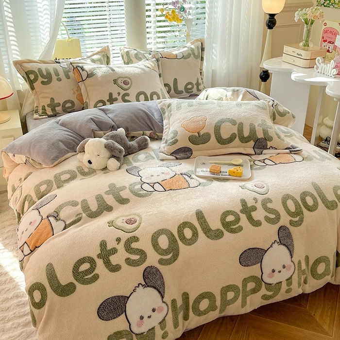 91家纺网 家纺一手货源 找家纺 妖妖家纺 2024新款加厚雪花绒印花单品三件套四件套 可爱俏耳狗