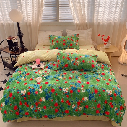 91家纺网 家纺一手货源 找家纺 莱豫家纺 2024新款牛奶绒印花四件套 绿野仙踪绿