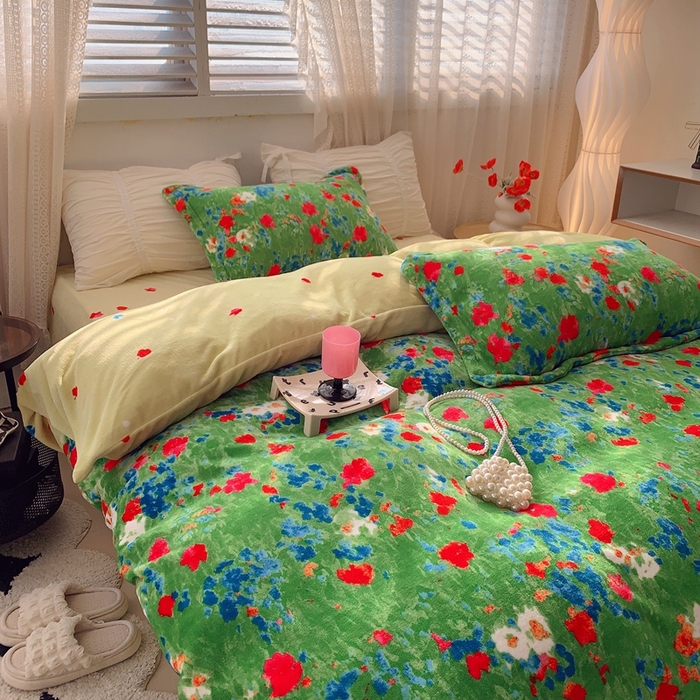 91家纺网 家纺一手货源 找家纺 莱豫家纺 2024新款牛奶绒印花四件套 绿野仙踪绿