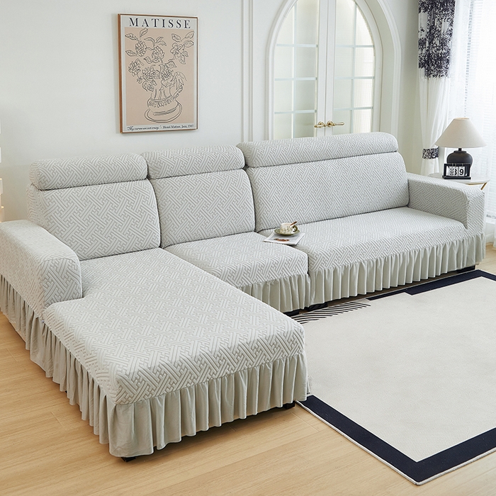 91家纺网 家纺一手货源 找家纺 2024新款加厚高弹拉花绒全包防尘沙发套罩-清韵系列 银灰