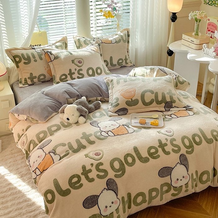 91家纺网 家纺一手货源 找家纺 妖妖家纺 2024新款加厚雪花绒印花单品三件套四件套 可爱俏耳狗