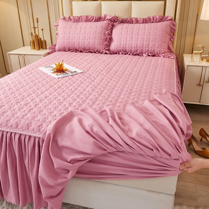 91家纺网 家纺一手货源 找家纺 锦逸家居 2024新款可拆卸包边夹棉磨毛花边两用床裙床笠两用-优雅 优雅-豆沙粉