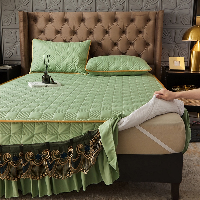 91家纺网 家纺一手货源 找家纺 锦逸家居 2024新款加厚磨毛轻奢夹棉床裙床笠三件套系列 佳人-抹茶绿