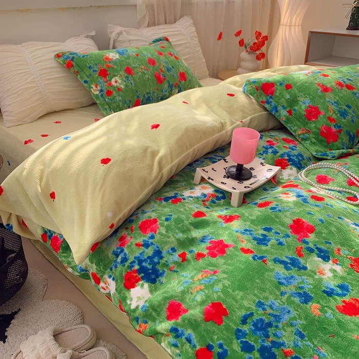 91家纺网 家纺一手货源 找家纺 莱豫家纺 2024新款牛奶绒印花四件套 绿野仙踪绿