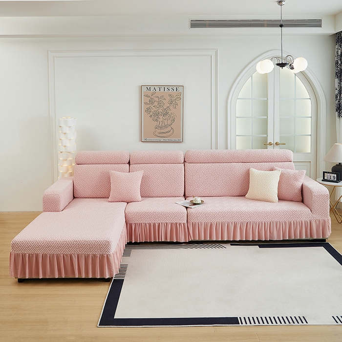 91家纺网 家纺一手货源 找家纺 2024新款加厚高弹拉花绒全包防尘沙发套罩-清韵系列 藕粉