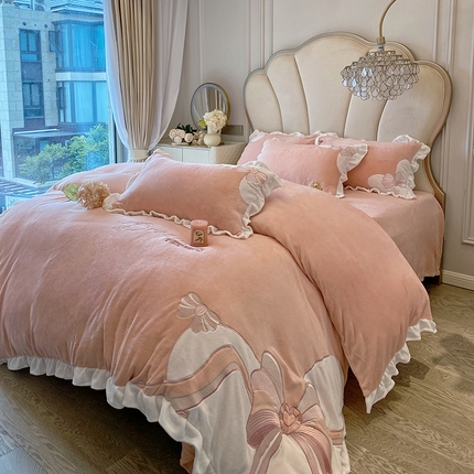 苏源家居 2024新款牛奶绒荷叶边贴布绣四件套 炫彩-公主粉