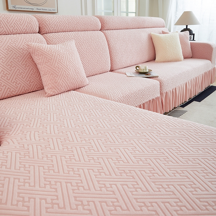 91家纺网 家纺一手货源 找家纺 2024新款加厚高弹拉花绒全包防尘沙发套罩-清韵系列 藕粉