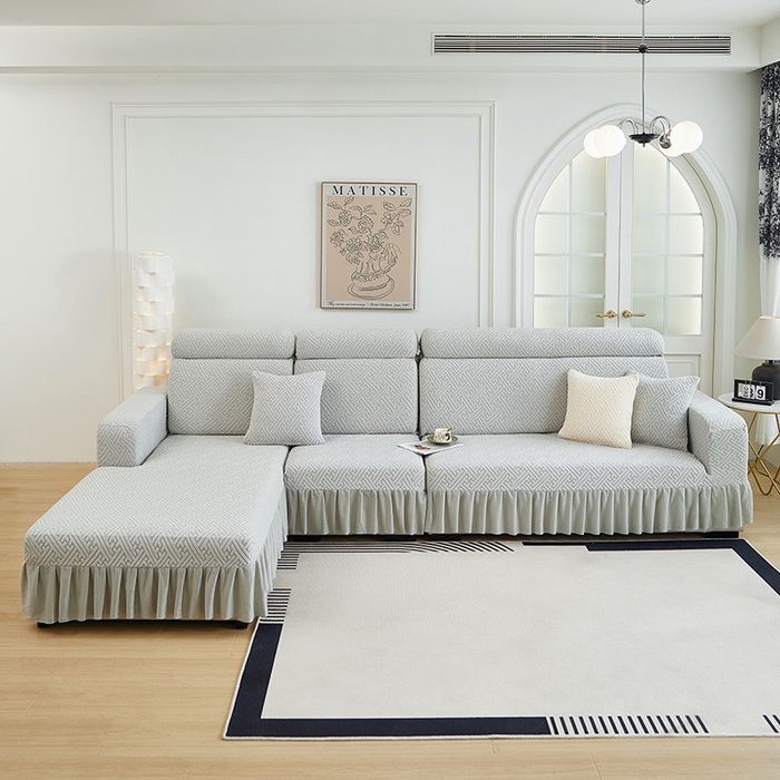 91家纺网 家纺一手货源 找家纺 2024新款加厚高弹拉花绒全包防尘沙发套罩-清韵系列 银灰