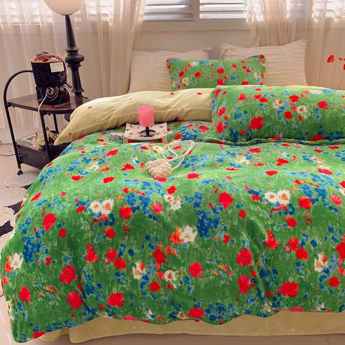 91家纺网 家纺一手货源 找家纺 莱豫家纺 2024新款牛奶绒印花四件套 绿野仙踪绿