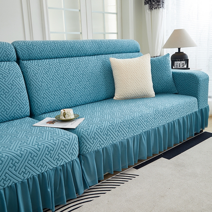 91家纺网 家纺一手货源 找家纺 2024新款加厚高弹拉花绒全包防尘沙发套罩-清韵系列 海蓝