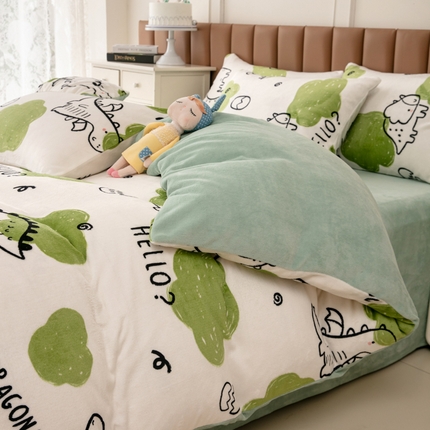 乐居坊 2024新款高克重牛奶绒印花保暖四件套 恐龙宝贝