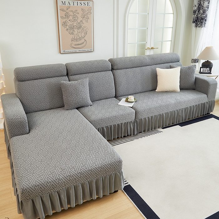 91家纺网 家纺一手货源 找家纺 2024新款加厚高弹拉花绒全包防尘沙发套罩-清韵系列 深灰