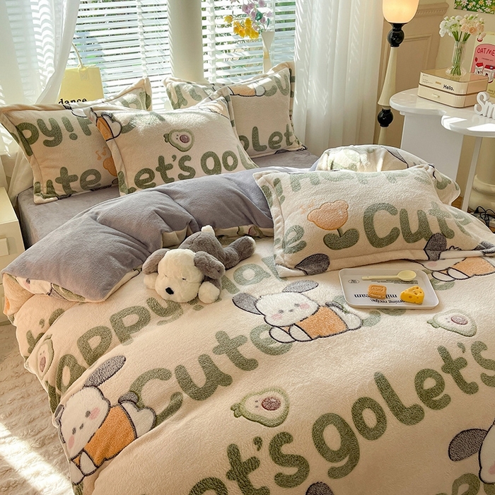 91家纺网 家纺一手货源 找家纺 妖妖家纺 2024新款加厚雪花绒印花单品三件套四件套 可爱俏耳狗