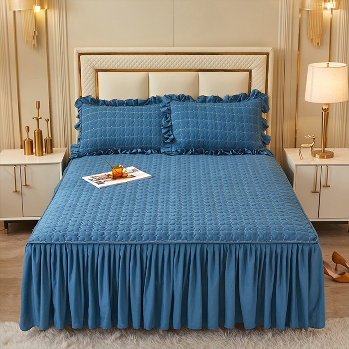 91家纺网 家纺一手货源 找家纺 锦逸家居 2024新款可拆卸包边夹棉磨毛花边两用床裙床笠两用-优雅 优雅-雾霾蓝