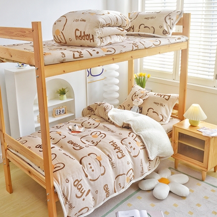 多乐家纺 2024新款学生宿舍牛奶绒羊羔绒三件套 苹果兔-咖