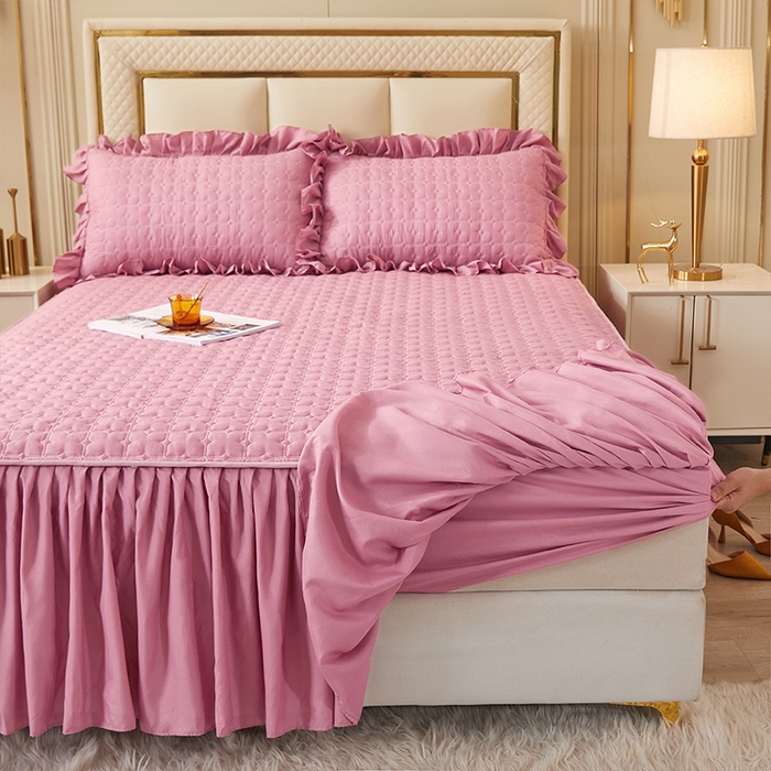 91家纺网 家纺一手货源 找家纺 锦逸家居 2024新款可拆卸包边夹棉磨毛花边两用床裙床笠两用-优雅 优雅-豆沙粉