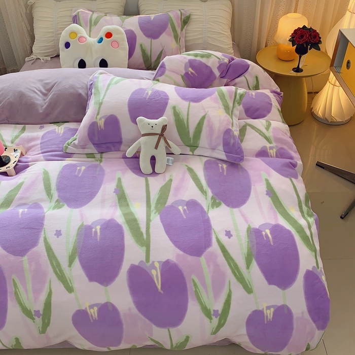 91家纺网 家纺一手货源 找家纺 莱豫家纺 2024新款牛奶绒印花四件套 郁金香紫