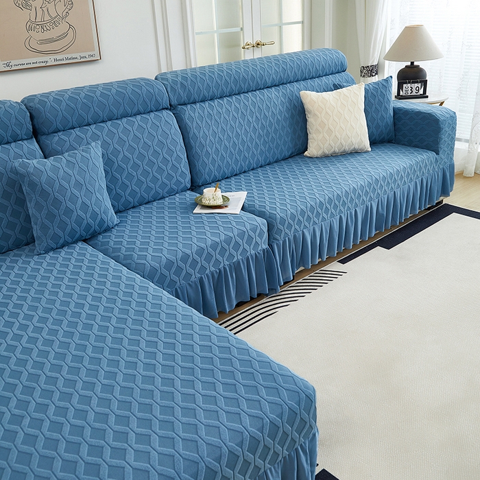 91家纺网 家纺一手货源 找家纺 2024新款加厚高弹拉花绒全包防尘沙发套罩-菱形格系列 水蓝