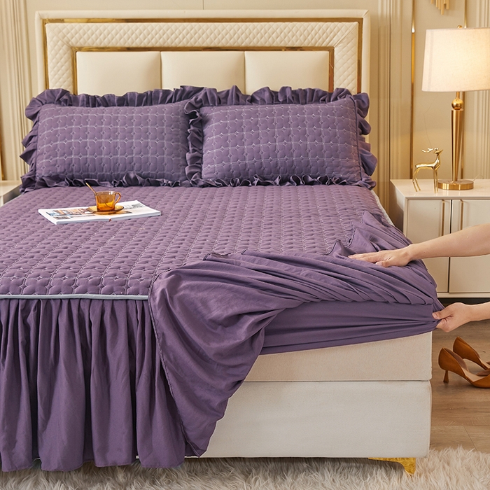 91家纺网 家纺一手货源 找家纺 锦逸家居 2024新款可拆卸包边夹棉磨毛花边两用床裙床笠两用-优雅 优雅-梦幻紫