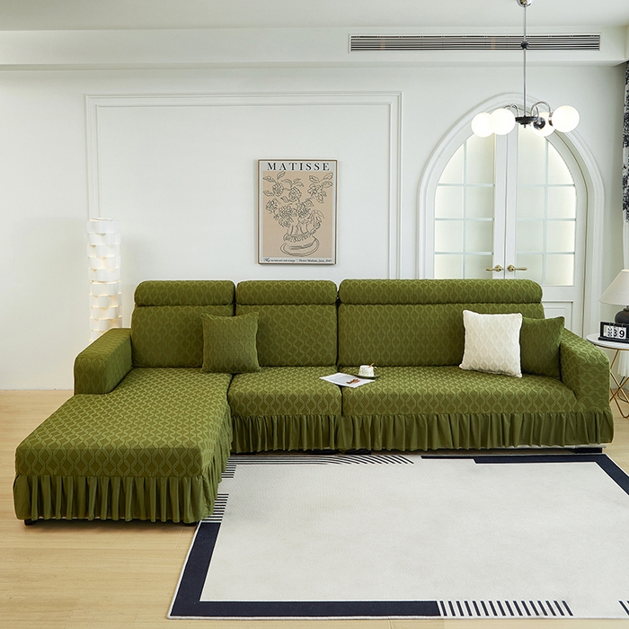 91家纺网 家纺一手货源 找家纺 2024新款加厚高弹拉花绒全包防尘沙发套罩-菱形格系列 橄榄绿