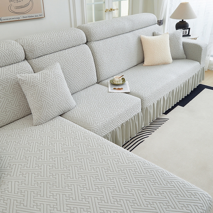 91家纺网 家纺一手货源 找家纺 2024新款加厚高弹拉花绒全包防尘沙发套罩-清韵系列 银灰