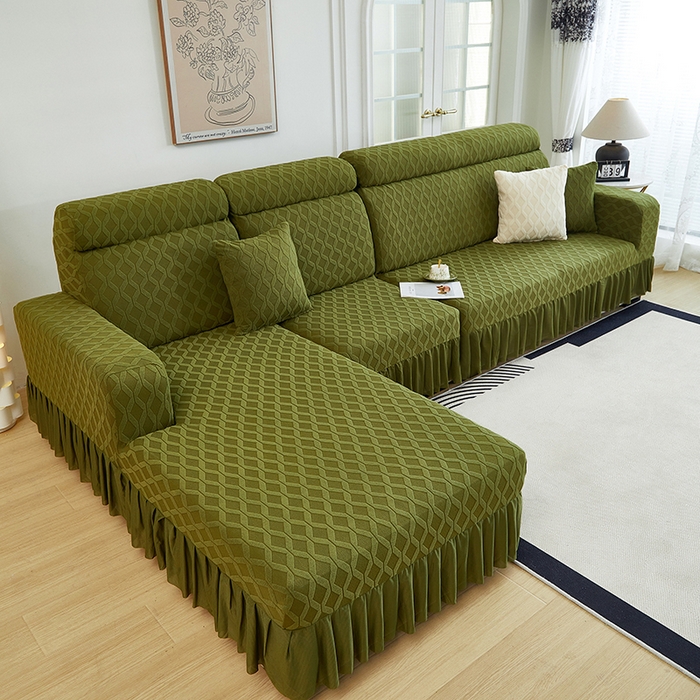 91家纺网 家纺一手货源 找家纺 2024新款加厚高弹拉花绒全包防尘沙发套罩-菱形格系列 橄榄绿