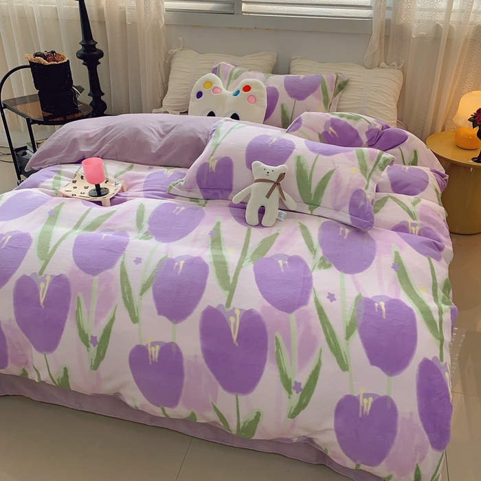 91家纺网 家纺一手货源 找家纺 莱豫家纺 2024新款牛奶绒印花四件套 郁金香紫