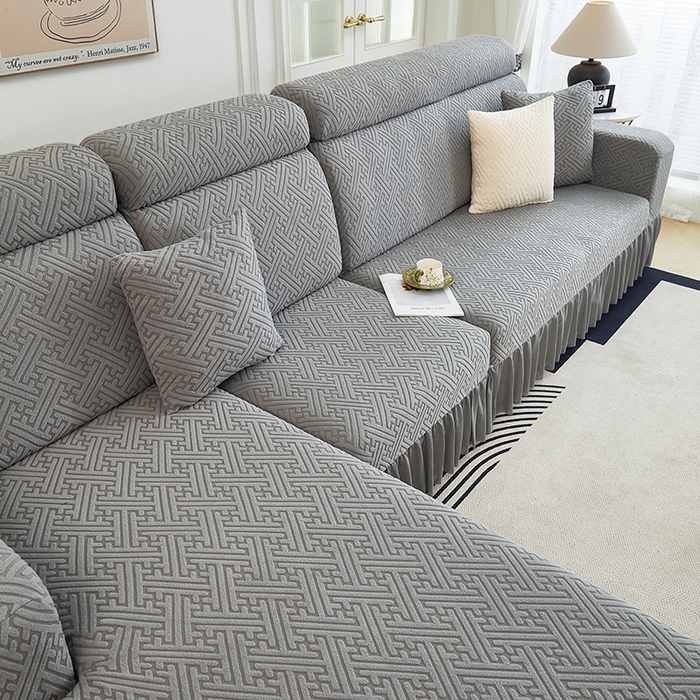 91家纺网 家纺一手货源 找家纺 2024新款加厚高弹拉花绒全包防尘沙发套罩-清韵系列 深灰