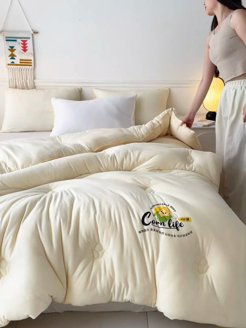 91家纺网 家纺一手货源 找家纺 慕尚家纺 2025新款玉米纤维针织棉被 玉米黄