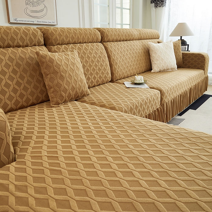 91家纺网 家纺一手货源 找家纺 2024新款加厚高弹拉花绒全包防尘沙发套罩-菱形格系列 咖色