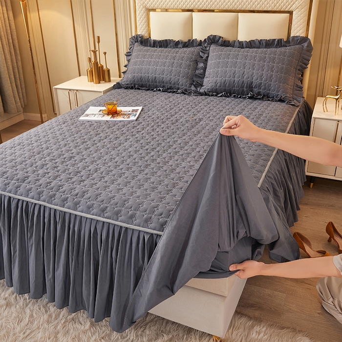 91家纺网 家纺一手货源 找家纺 锦逸家居 2024新款可拆卸包边夹棉磨毛花边两用床裙床笠两用-优雅 优雅-高级灰