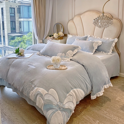 苏源家居 2024新款牛奶绒荷叶边贴布绣四件套 炫彩-天空蓝