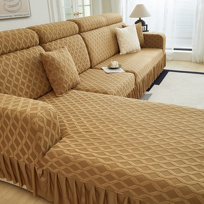 91家纺网 家纺一手货源 找家纺 2024新款加厚高弹拉花绒全包防尘沙发套罩-菱形格系列 咖色