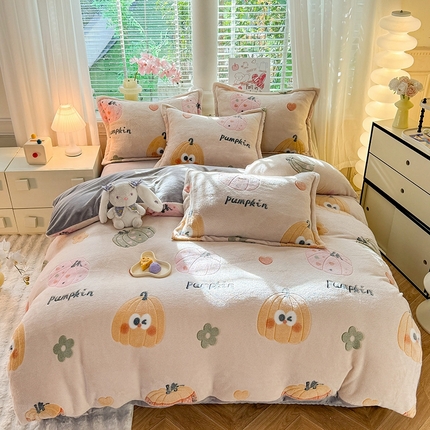 妖妖家纺 2024新款加厚雪花绒印花单品三件套四件套 俏皮南瓜