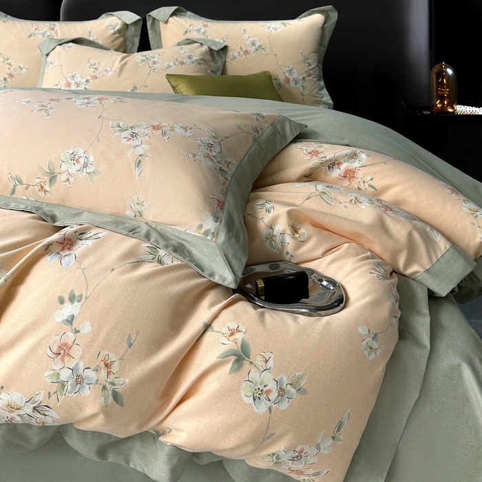 91家纺网 家纺一手货源 找家纺 朵希曼 2026新款全棉大宽边拼角磨毛四件套 朵缇桔