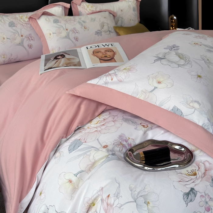 91家纺网 家纺一手货源 找家纺 朵希曼 2026新款全棉大宽边拼角磨毛四件套 回眸一笑米