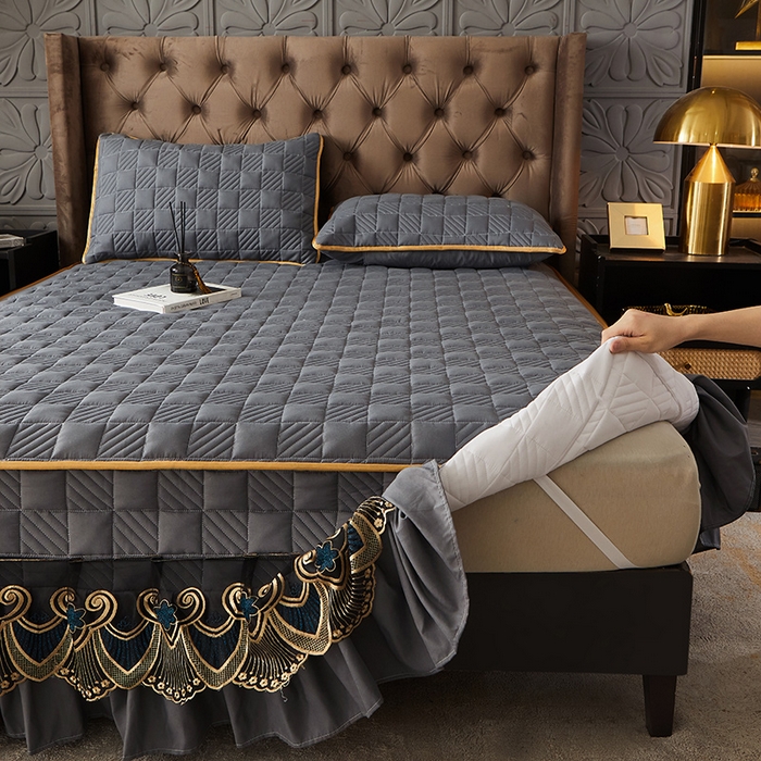 91家纺网 家纺一手货源 找家纺 锦逸家居 2024新款加厚磨毛轻奢夹棉床裙床笠三件套系列 佳人-高级灰