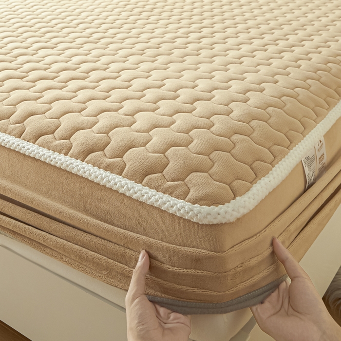 91家纺网 家纺一手货源 找家纺 雪云美 2024冬季新款加厚牛奶绒夹棉床笠三件套A类大豆床垫保护套纯色 牛奶绒--驼色