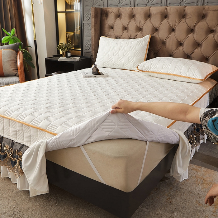 91家纺网 家纺一手货源 找家纺 锦逸家居 2024新款加厚磨毛轻奢夹棉床裙床笠三件套系列 佳人-米白