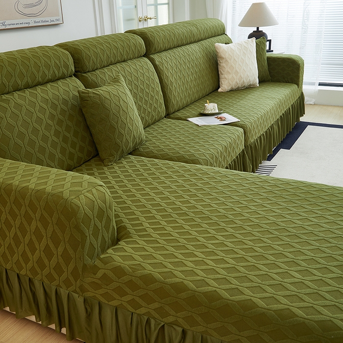 91家纺网 家纺一手货源 找家纺 2024新款加厚高弹拉花绒全包防尘沙发套罩-菱形格系列 橄榄绿