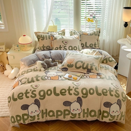 妖妖家纺 2024新款加厚雪花绒印花单品三件套四件套 可爱俏耳狗