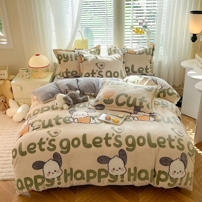 91家纺网 家纺一手货源 找家纺 妖妖家纺 2024新款加厚雪花绒印花单品三件套四件套 可爱俏耳狗