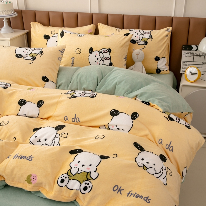 91家纺网 家纺一手货源 找家纺 乐居坊 2024新款高克重牛奶绒印花保暖四件套 调皮狗