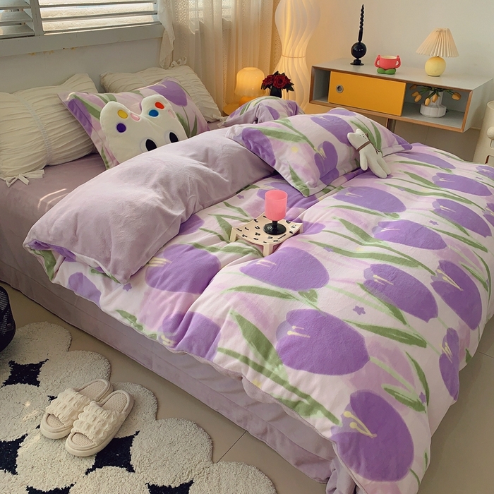 91家纺网 家纺一手货源 找家纺 莱豫家纺 2024新款牛奶绒印花四件套 郁金香紫